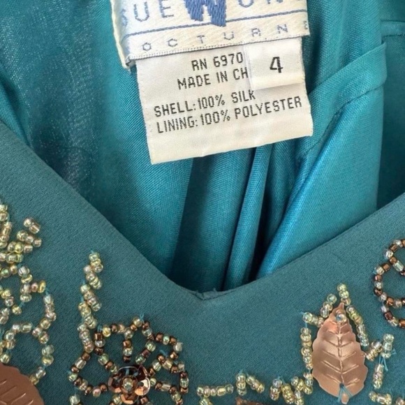 Vintage Sue Wong 100% Silk Teal Floral Beaded Dress - Picture 7 of 8